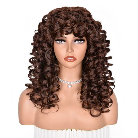 ANNISOUL Curly Wig 17" Long Dk Brown Bangs Synthetic Glueless Natural Look Hair - Picture 1 of 4